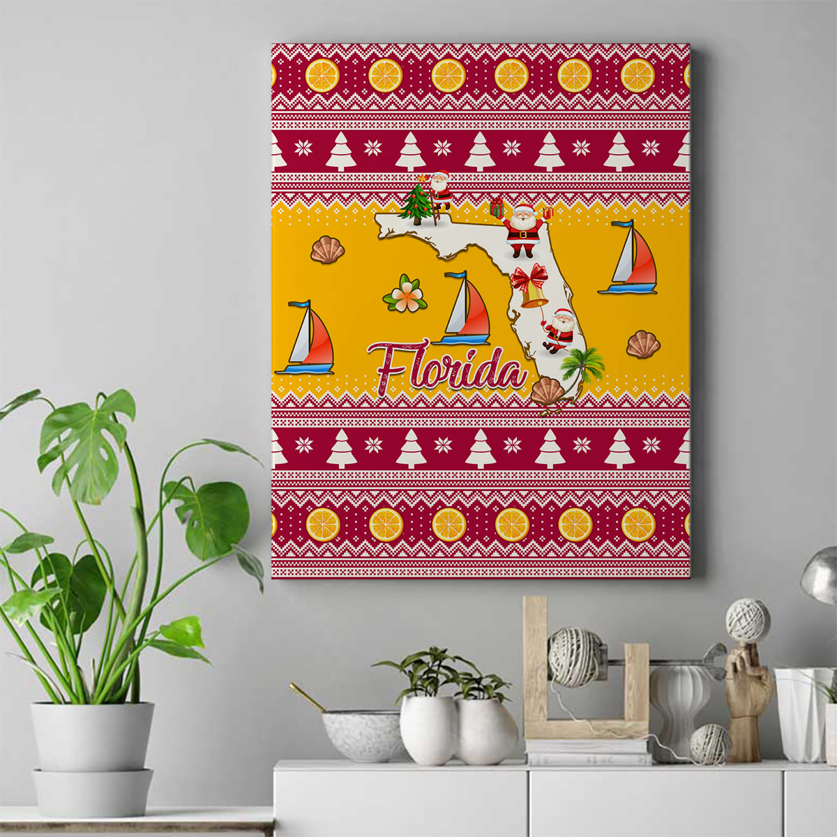 Florida Christmas Canvas Wall Art Santa Claus Florida Map With Orange - Wonder Print Shop