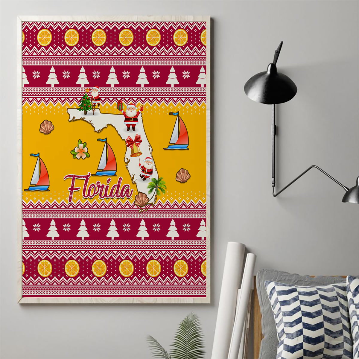 Florida Christmas Canvas Wall Art Santa Claus Florida Map With Orange - Wonder Print Shop