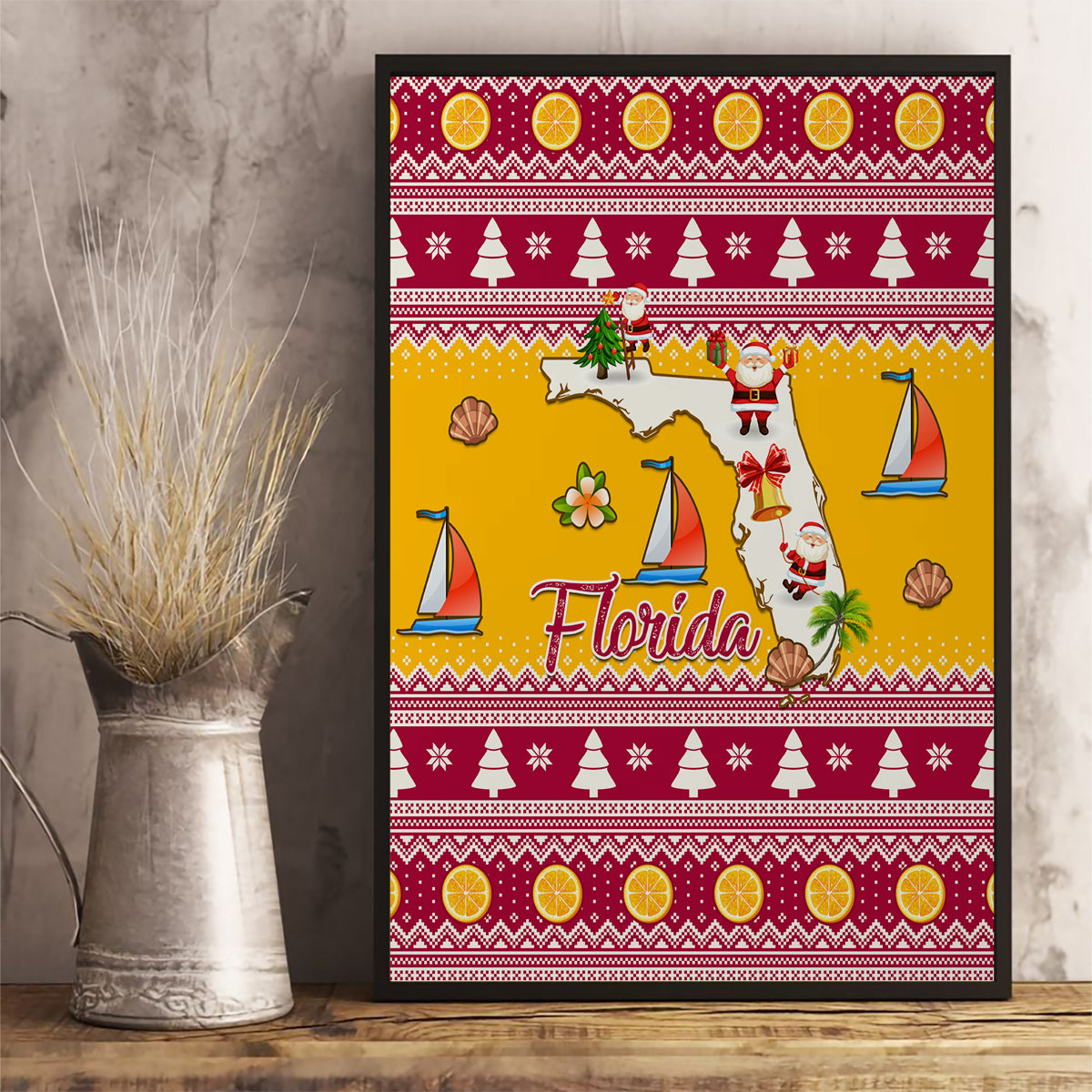 Florida Christmas Canvas Wall Art Santa Claus Florida Map With Orange - Wonder Print Shop