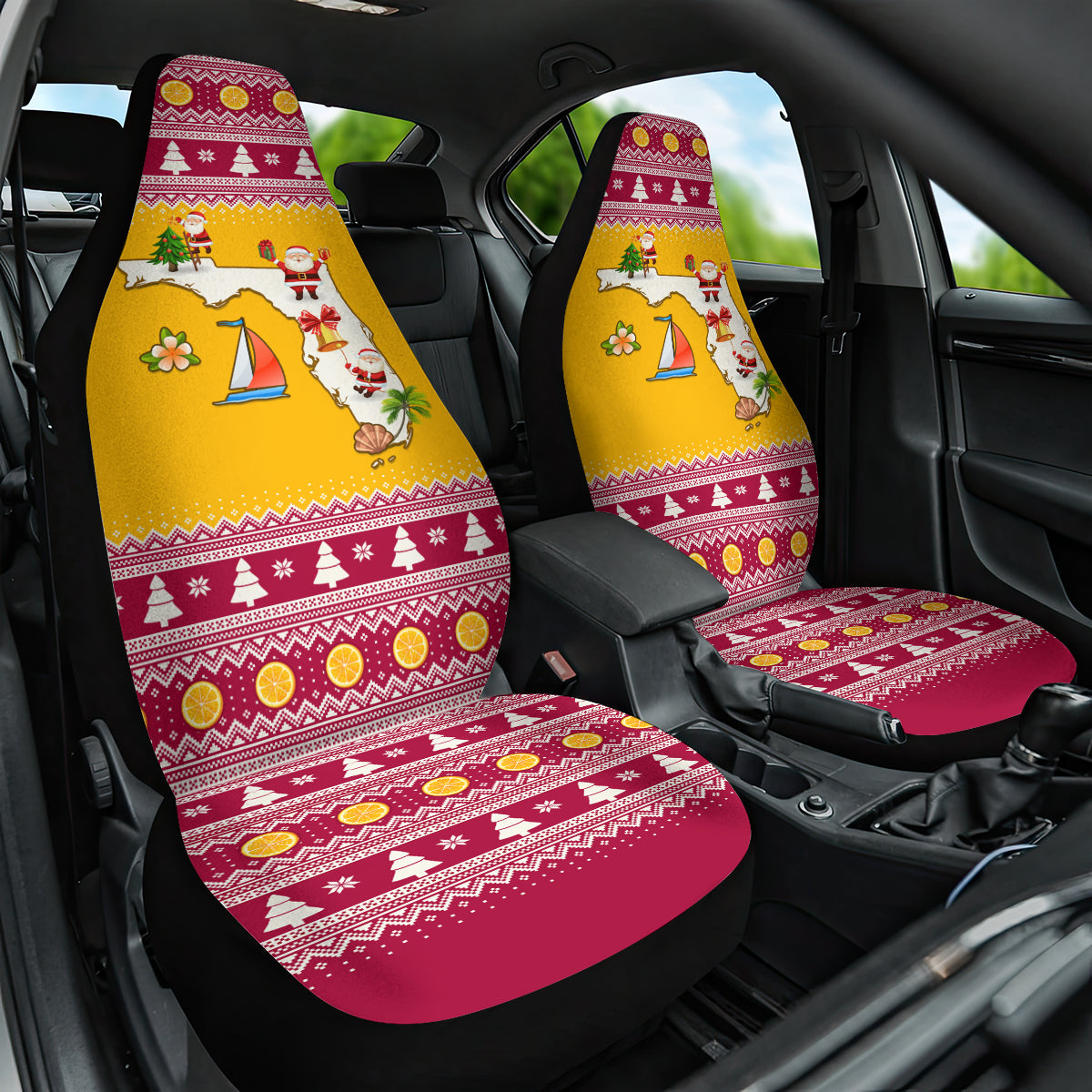 Florida Christmas Car Seat Cover Santa Claus Florida Map With Orange - Wonder Print Shop