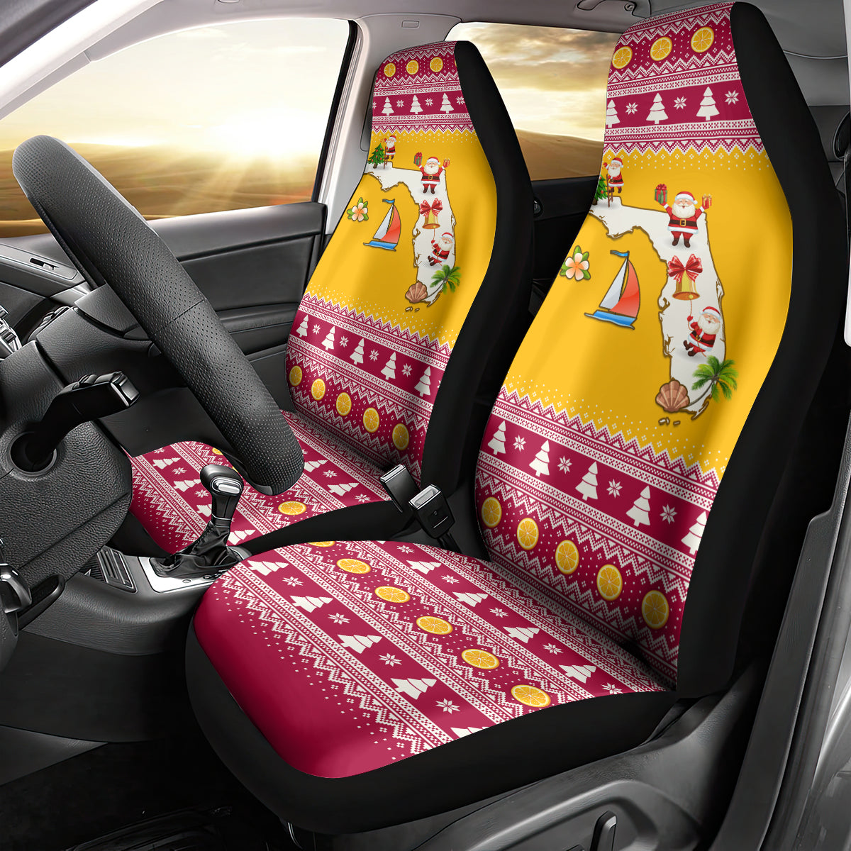 Florida Christmas Car Seat Cover Santa Claus Florida Map With Orange - Wonder Print Shop