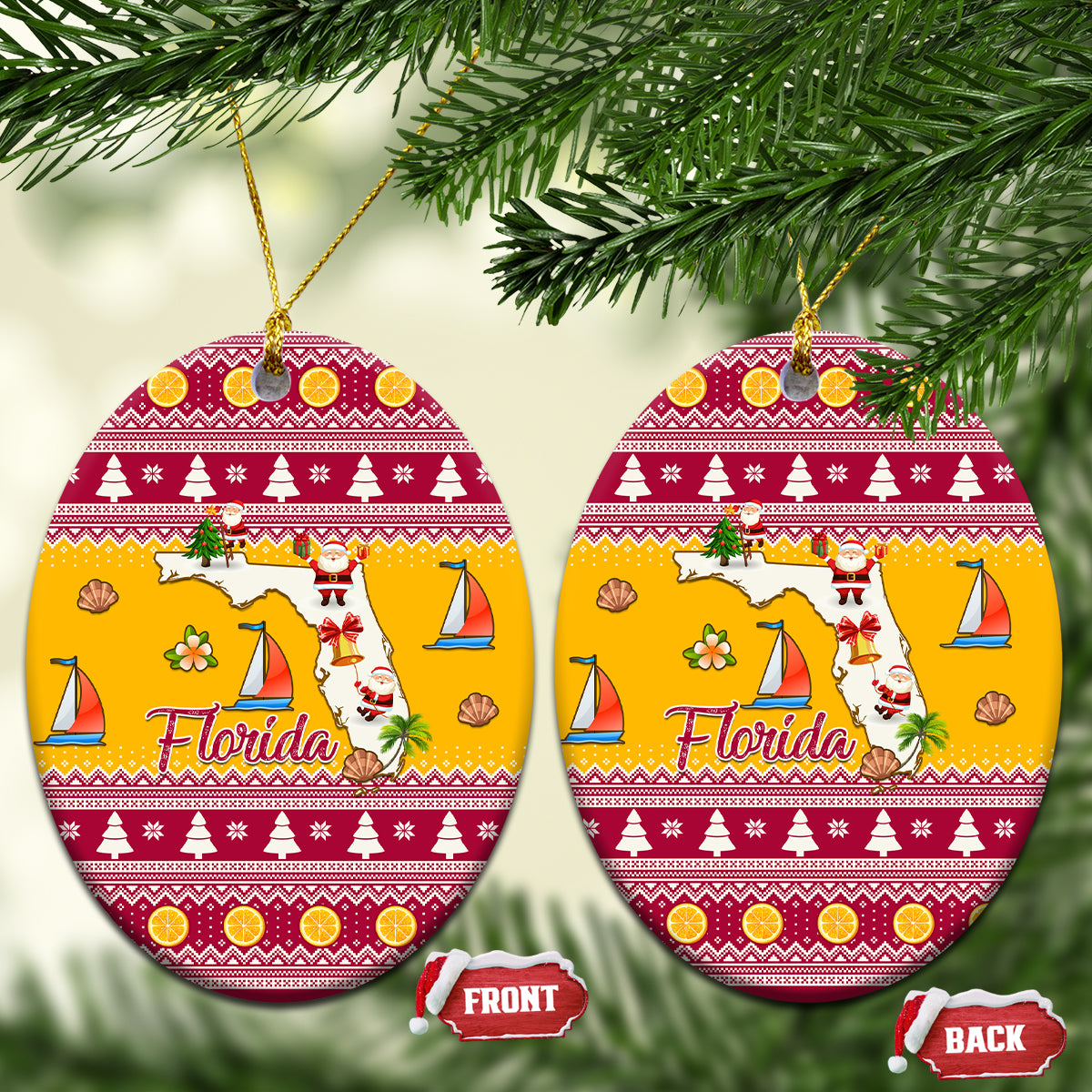 Florida Christmas Ceramic Ornament Santa Claus Florida Map With Orange - Wonder Print Shop