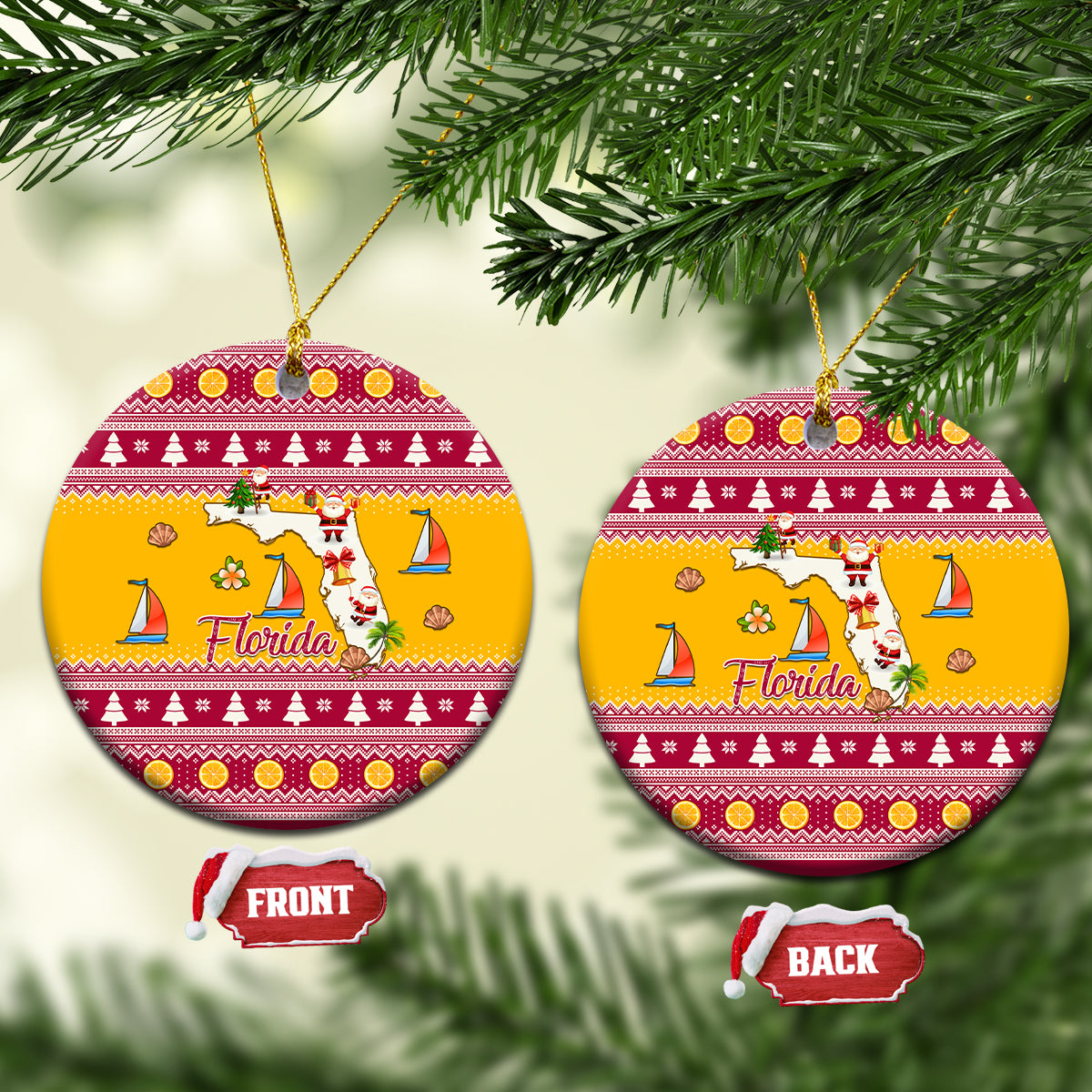 Florida Christmas Ceramic Ornament Santa Claus Florida Map With Orange - Wonder Print Shop
