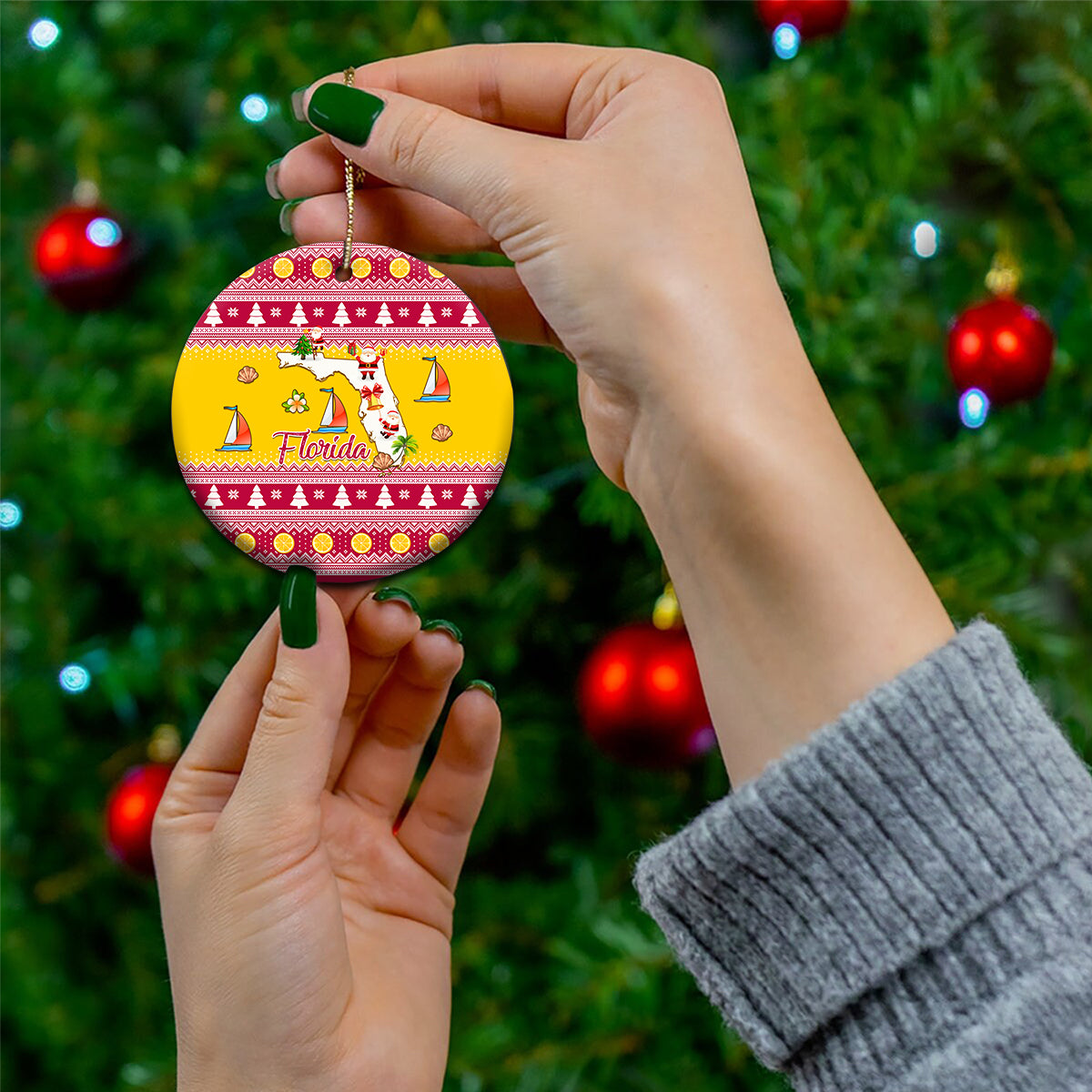 Florida Christmas Ceramic Ornament Santa Claus Florida Map With Orange - Wonder Print Shop