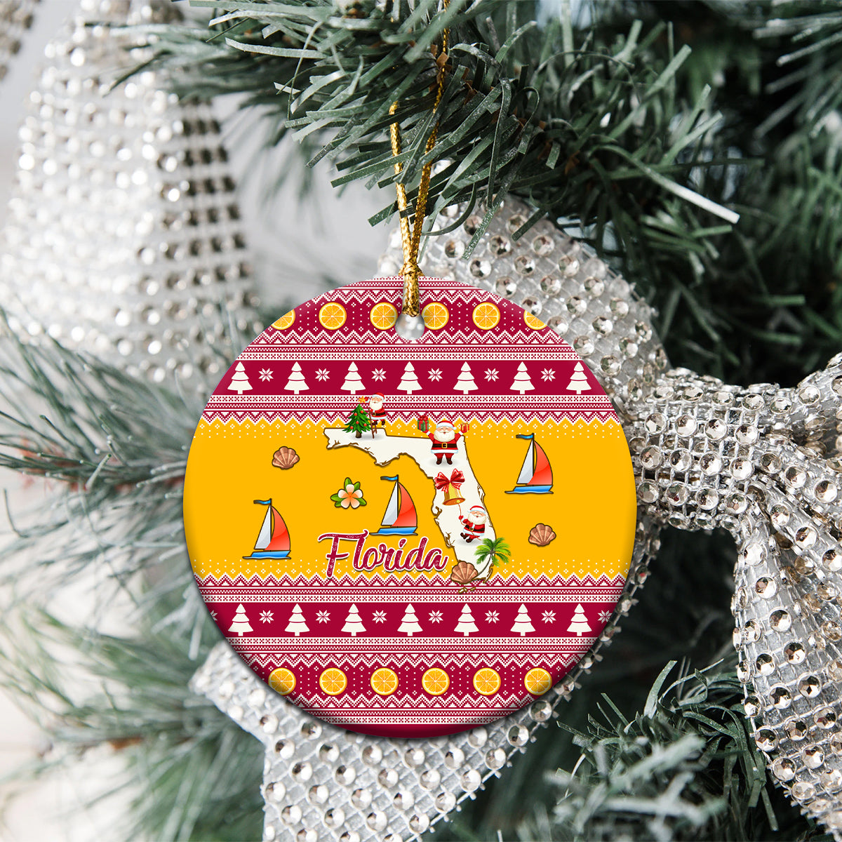 Florida Christmas Ceramic Ornament Santa Claus Florida Map With Orange - Wonder Print Shop