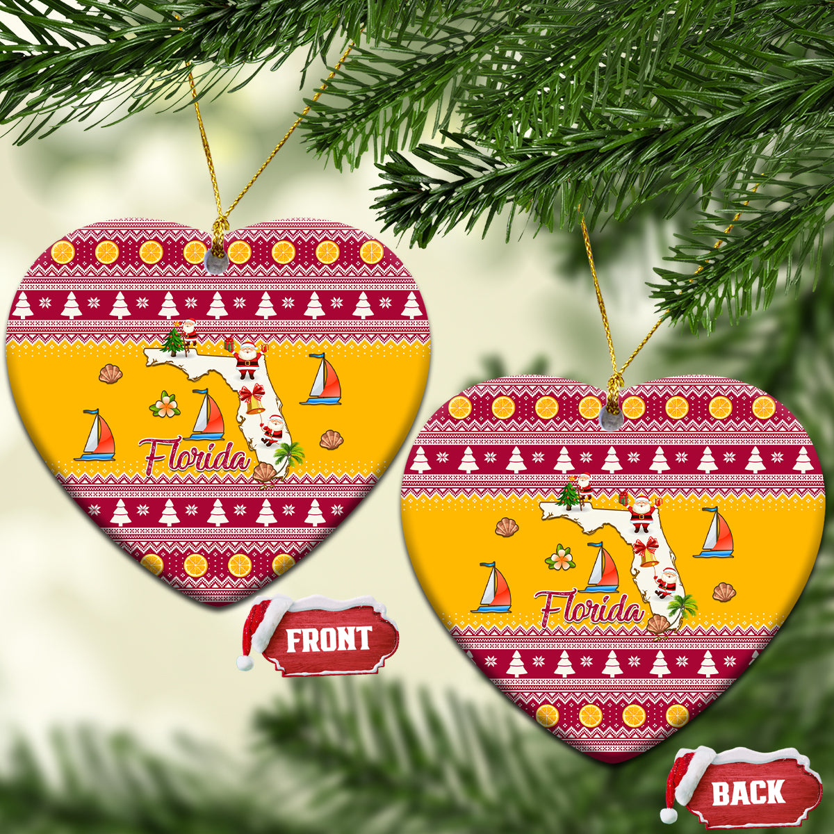 Florida Christmas Ceramic Ornament Santa Claus Florida Map With Orange - Wonder Print Shop