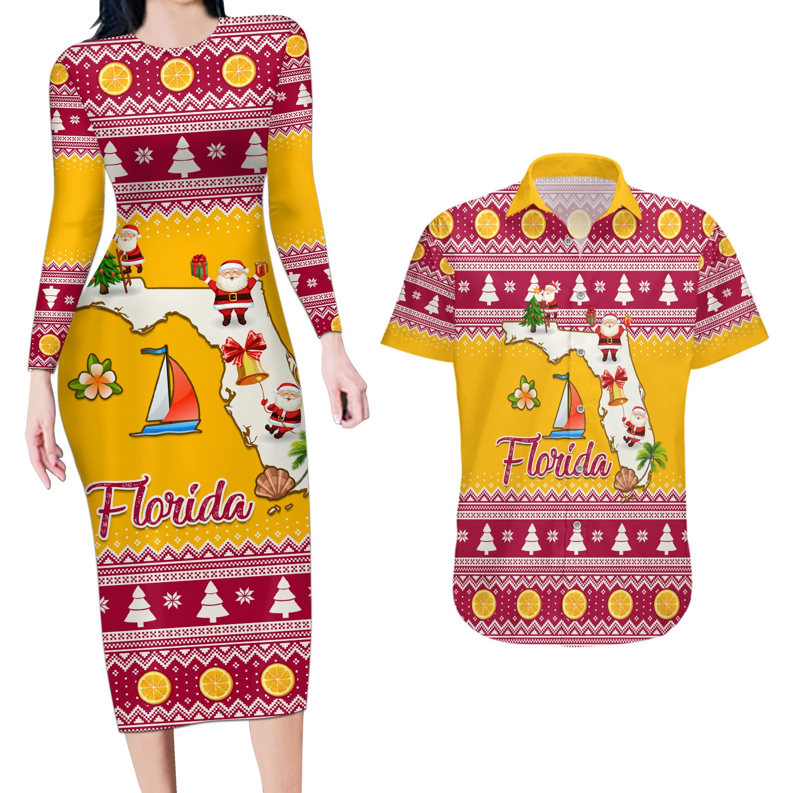 Florida Christmas Couples Matching Long Sleeve Bodycon Dress and Hawaiian Shirt Santa Claus Florida Map With Orange - Wonder Print Shop