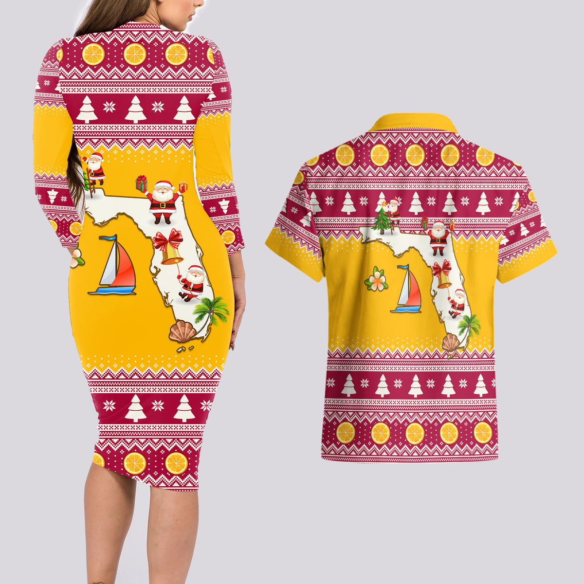 Florida Christmas Couples Matching Long Sleeve Bodycon Dress and Hawaiian Shirt Santa Claus Florida Map With Orange - Wonder Print Shop