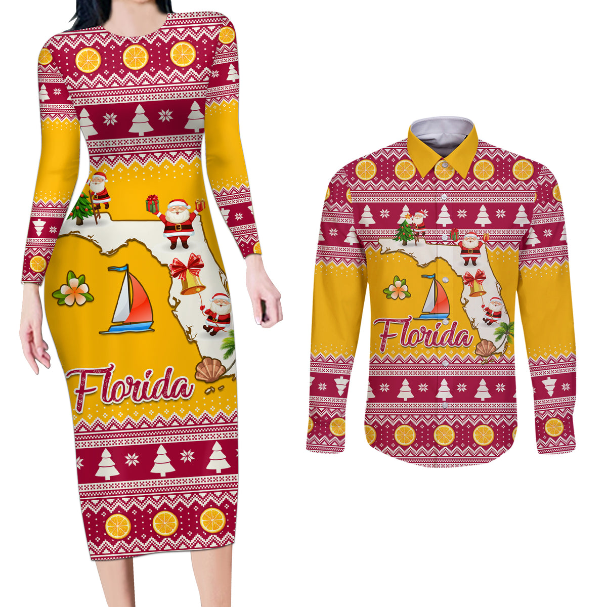 Florida Christmas Couples Matching Long Sleeve Bodycon Dress and Long Sleeve Button Shirt Santa Claus Florida Map With Orange - Wonder Print Shop