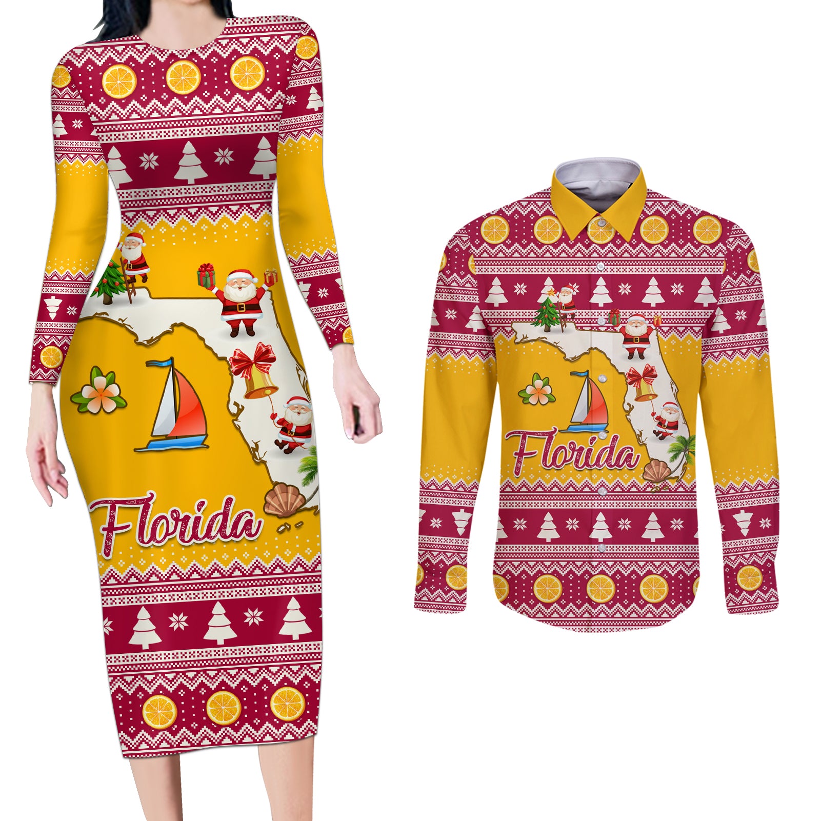 Florida Christmas Couples Matching Long Sleeve Bodycon Dress and Long Sleeve Button Shirt Santa Claus Florida Map With Orange - Wonder Print Shop