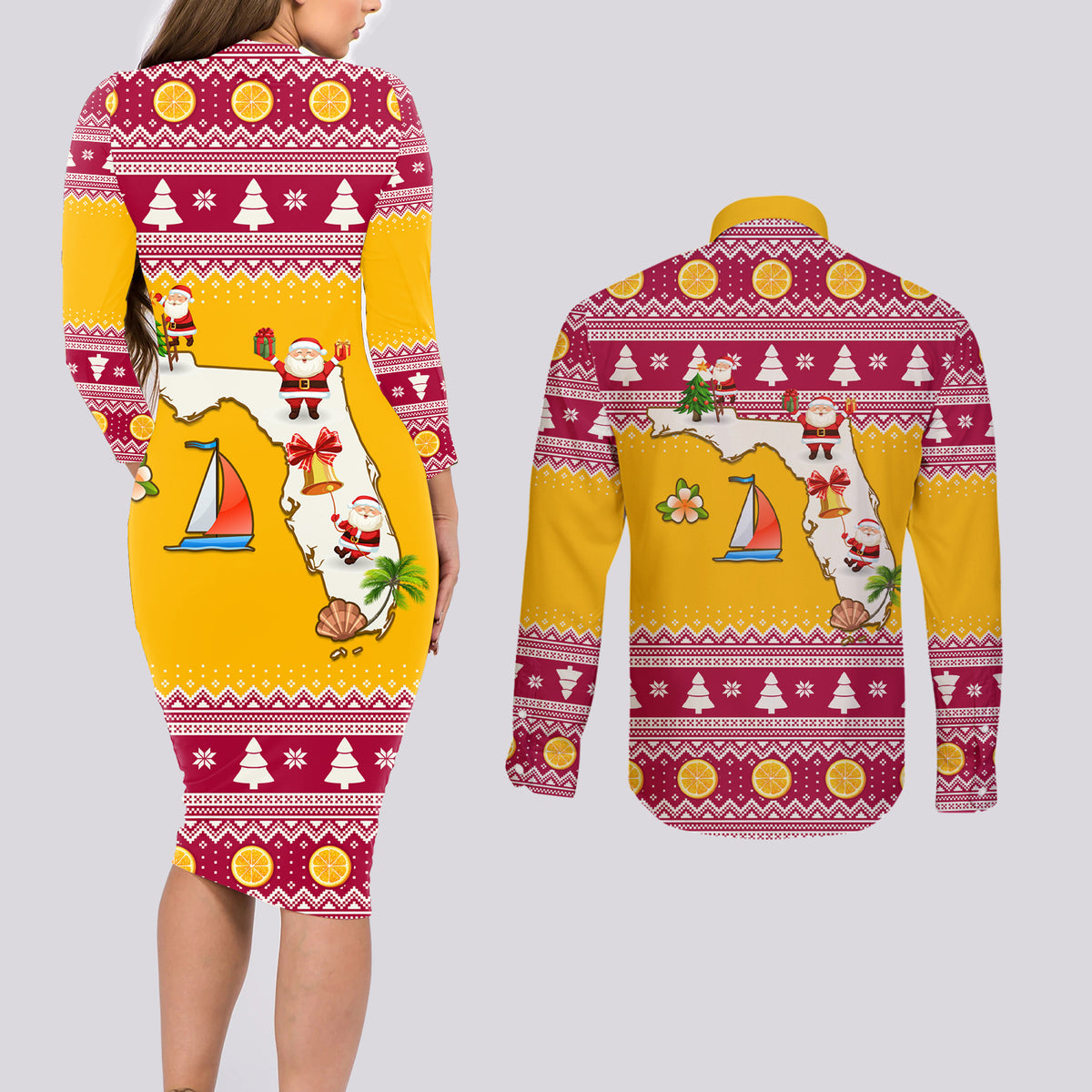 Florida Christmas Couples Matching Long Sleeve Bodycon Dress and Long Sleeve Button Shirt Santa Claus Florida Map With Orange - Wonder Print Shop