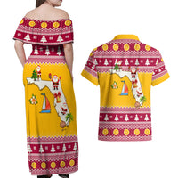 Florida Christmas Couples Matching Off Shoulder Maxi Dress and Hawaiian Shirt Santa Claus Florida Map With Orange - Wonder Print Shop