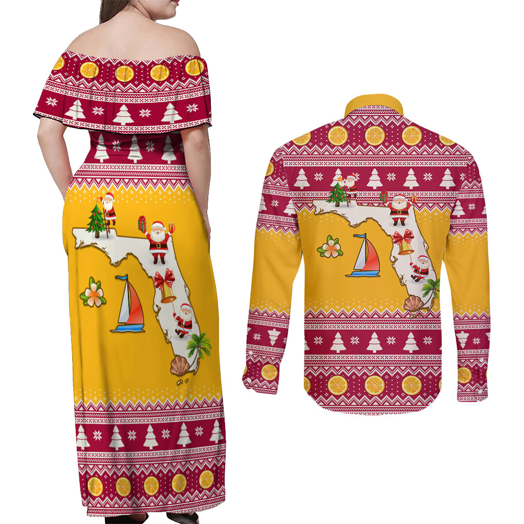 Florida Christmas Couples Matching Off Shoulder Maxi Dress and Long Sleeve Button Shirt Santa Claus Florida Map With Orange - Wonder Print Shop