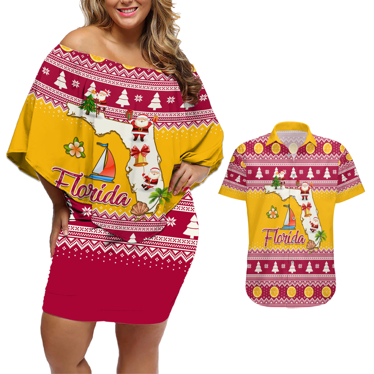 Florida Christmas Couples Matching Off Shoulder Short Dress and Hawaiian Shirt Santa Claus Florida Map With Orange - Wonder Print Shop