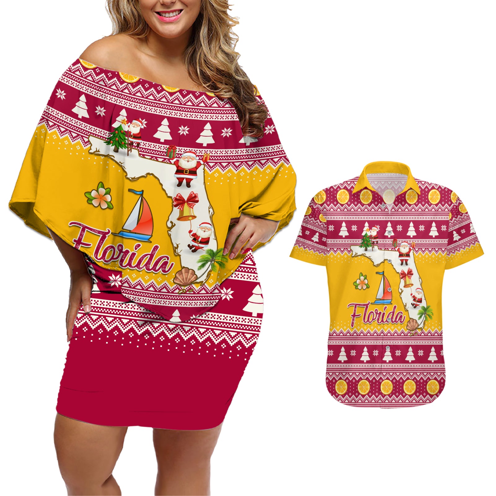 Florida Christmas Couples Matching Off Shoulder Short Dress and Hawaiian Shirt Santa Claus Florida Map With Orange - Wonder Print Shop