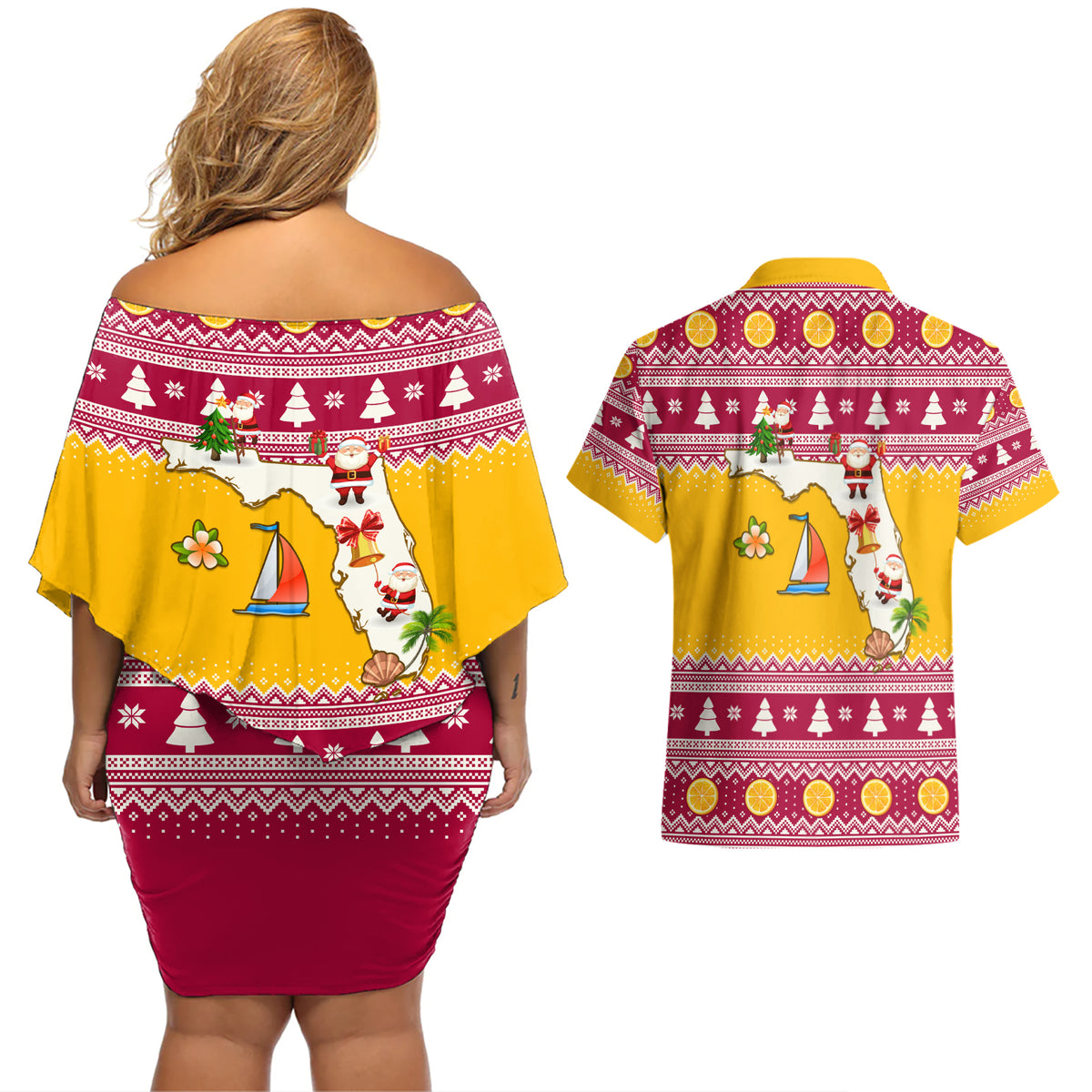 Florida Christmas Couples Matching Off Shoulder Short Dress and Hawaiian Shirt Santa Claus Florida Map With Orange - Wonder Print Shop