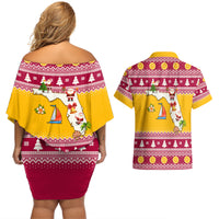 Florida Christmas Couples Matching Off Shoulder Short Dress and Hawaiian Shirt Santa Claus Florida Map With Orange - Wonder Print Shop