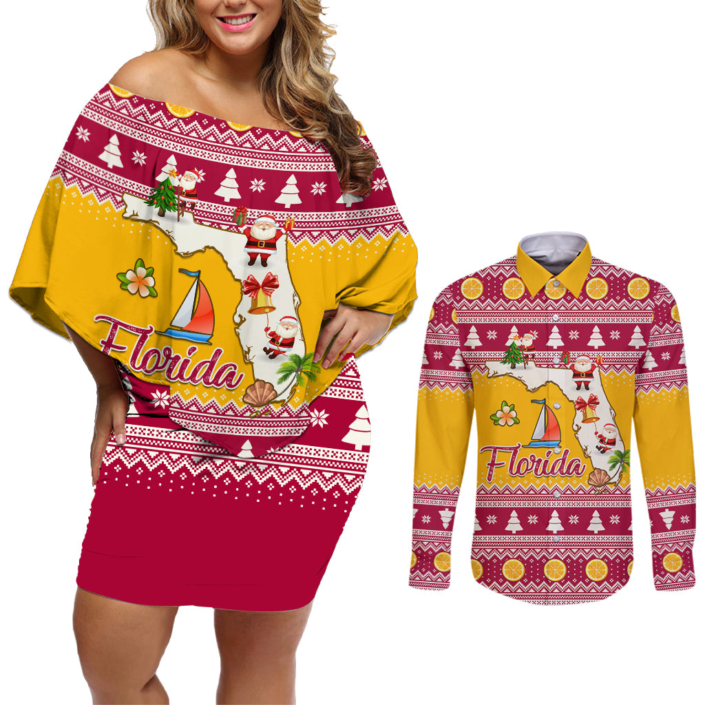 Florida Christmas Couples Matching Off Shoulder Short Dress and Long Sleeve Button Shirt Santa Claus Florida Map With Orange - Wonder Print Shop