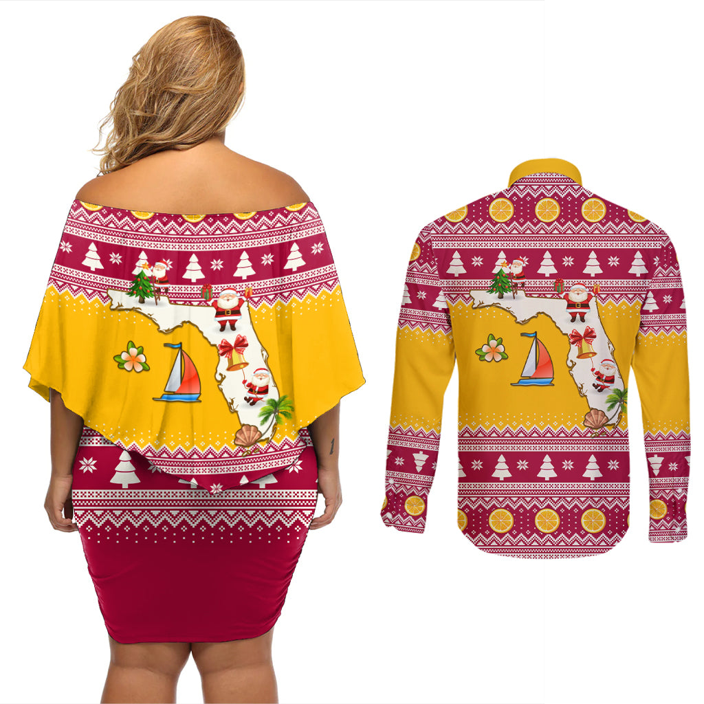 Florida Christmas Couples Matching Off Shoulder Short Dress and Long Sleeve Button Shirt Santa Claus Florida Map With Orange - Wonder Print Shop