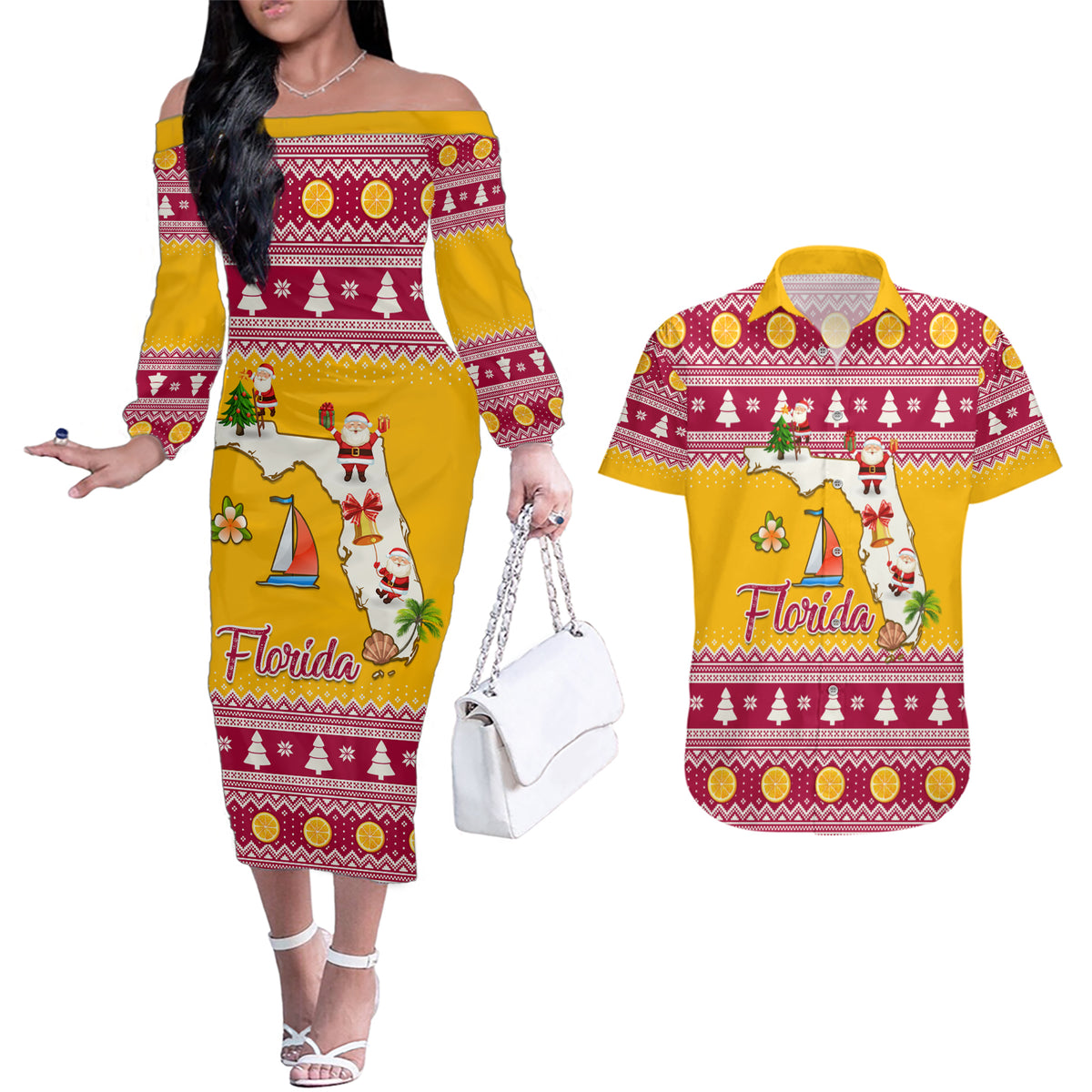 Florida Christmas Couples Matching Off The Shoulder Long Sleeve Dress and Hawaiian Shirt Santa Claus Florida Map With Orange - Wonder Print Shop