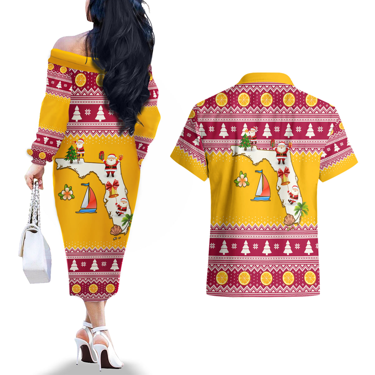 Florida Christmas Couples Matching Off The Shoulder Long Sleeve Dress and Hawaiian Shirt Santa Claus Florida Map With Orange - Wonder Print Shop