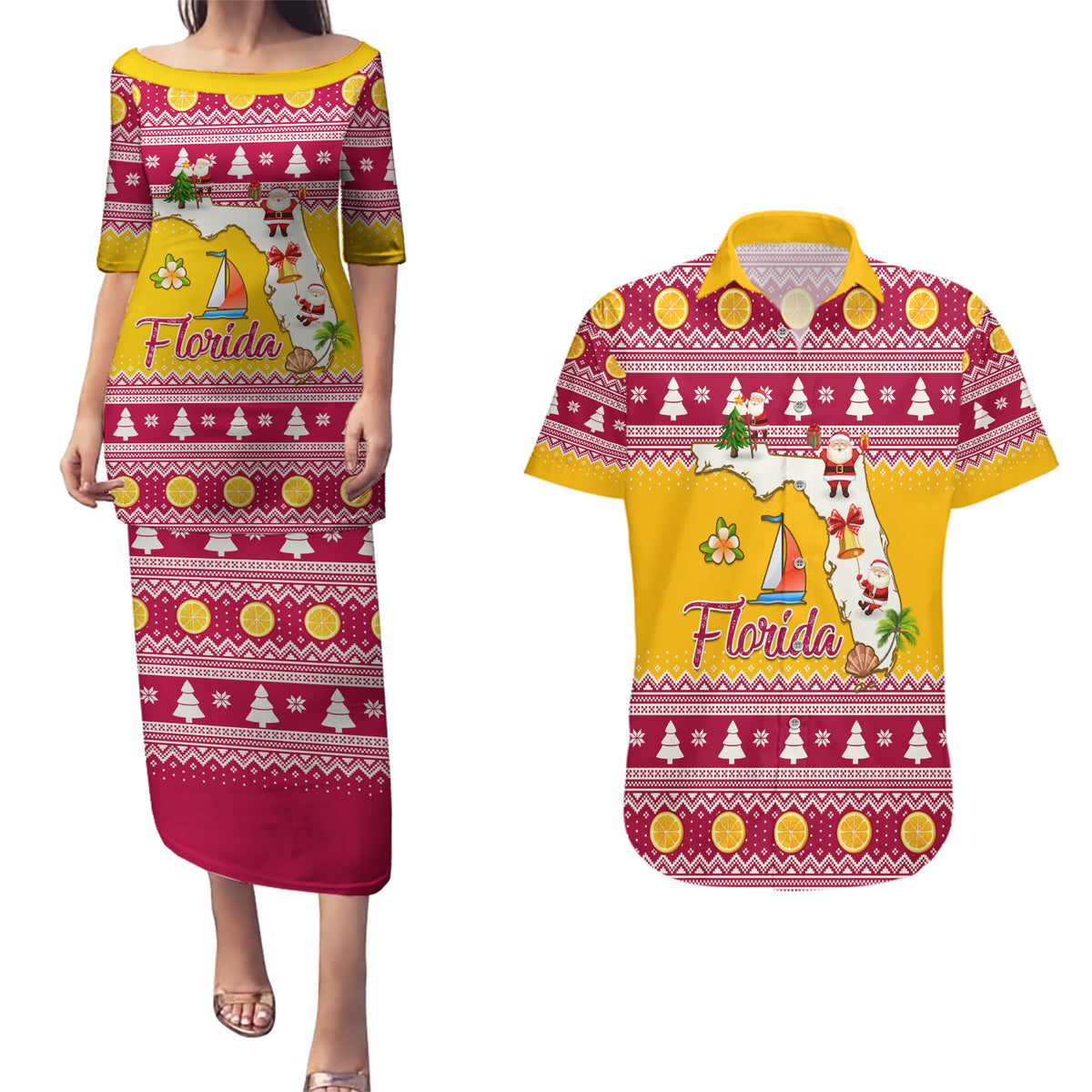 Florida Christmas Couples Matching Puletasi Dress and Hawaiian Shirt Santa Claus Florida Map With Orange - Wonder Print Shop