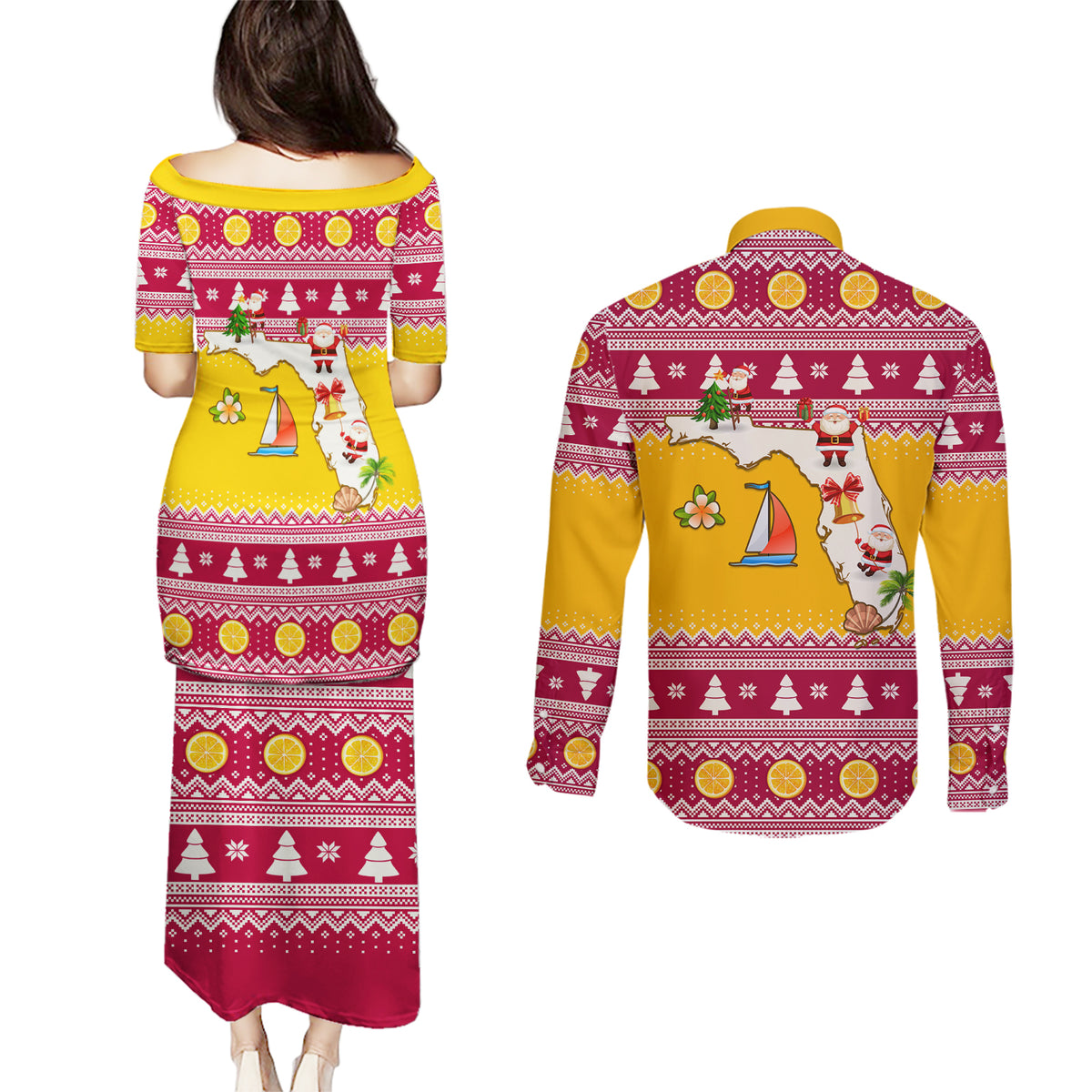 Florida Christmas Couples Matching Puletasi Dress and Long Sleeve Button Shirt Santa Claus Florida Map With Orange - Wonder Print Shop