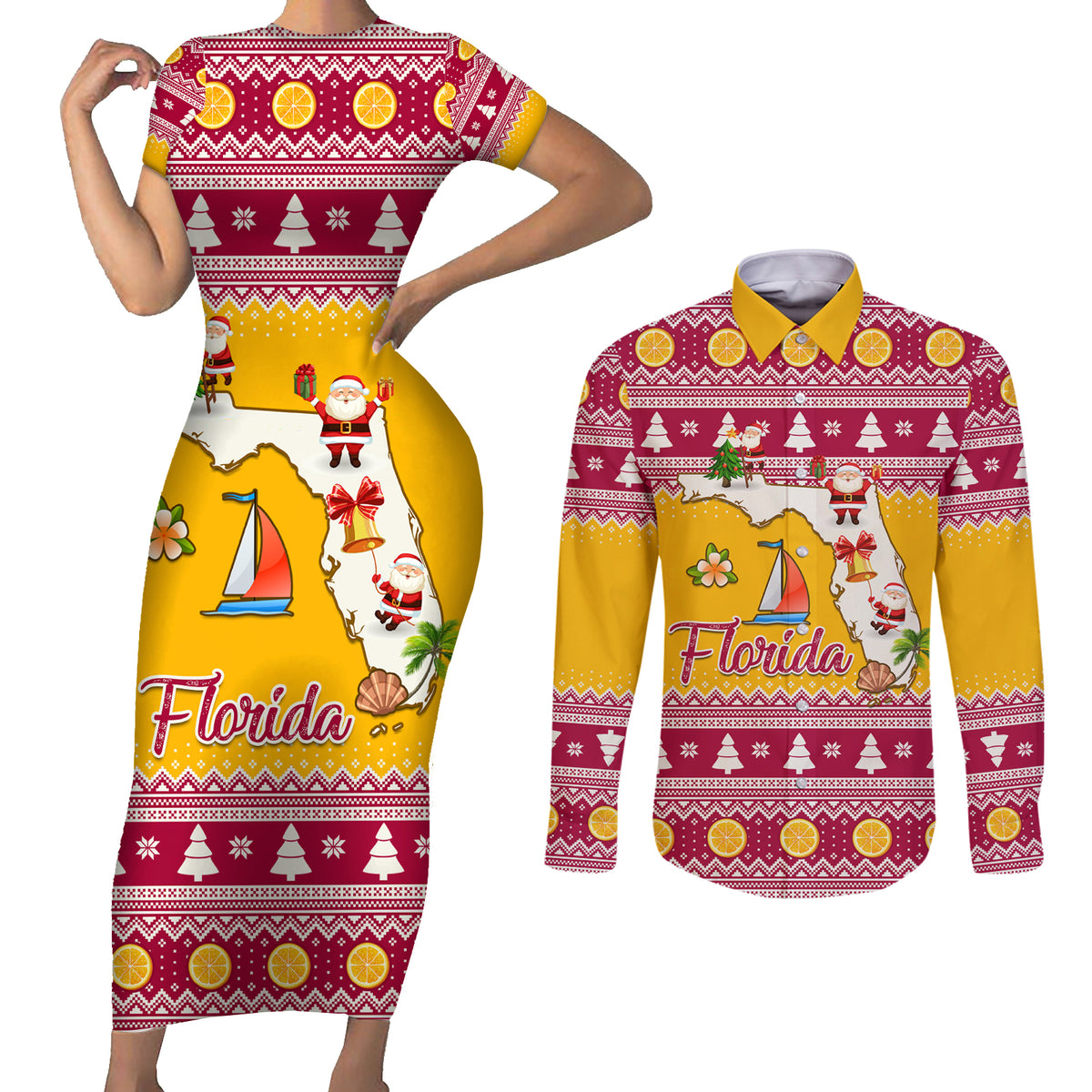Florida Christmas Couples Matching Short Sleeve Bodycon Dress and Long Sleeve Button Shirt Santa Claus Florida Map With Orange - Wonder Print Shop