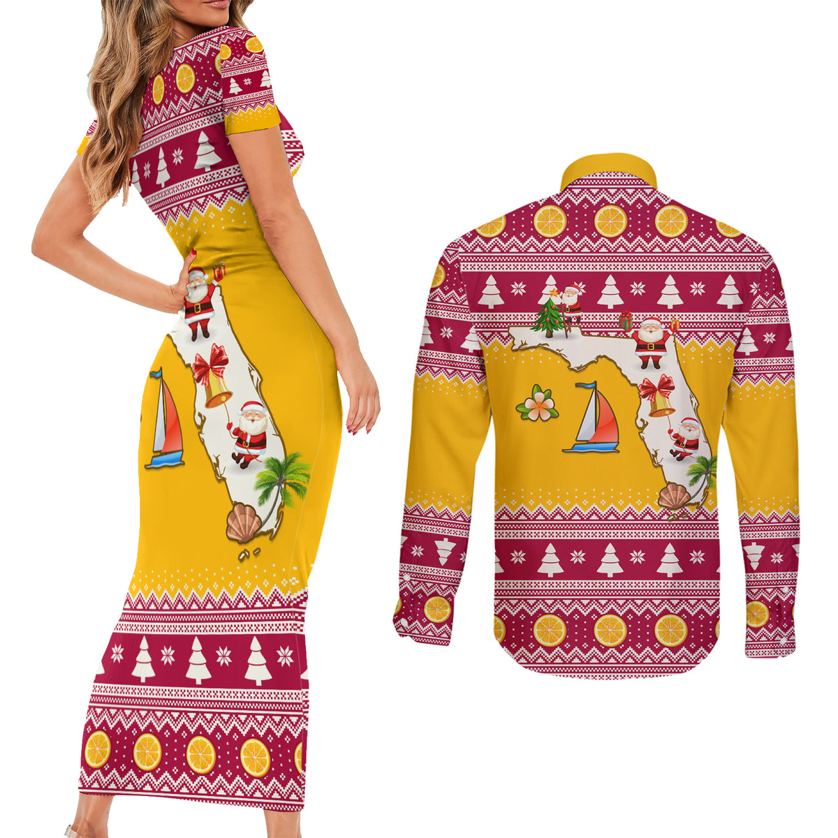 Florida Christmas Couples Matching Short Sleeve Bodycon Dress and Long Sleeve Button Shirt Santa Claus Florida Map With Orange - Wonder Print Shop