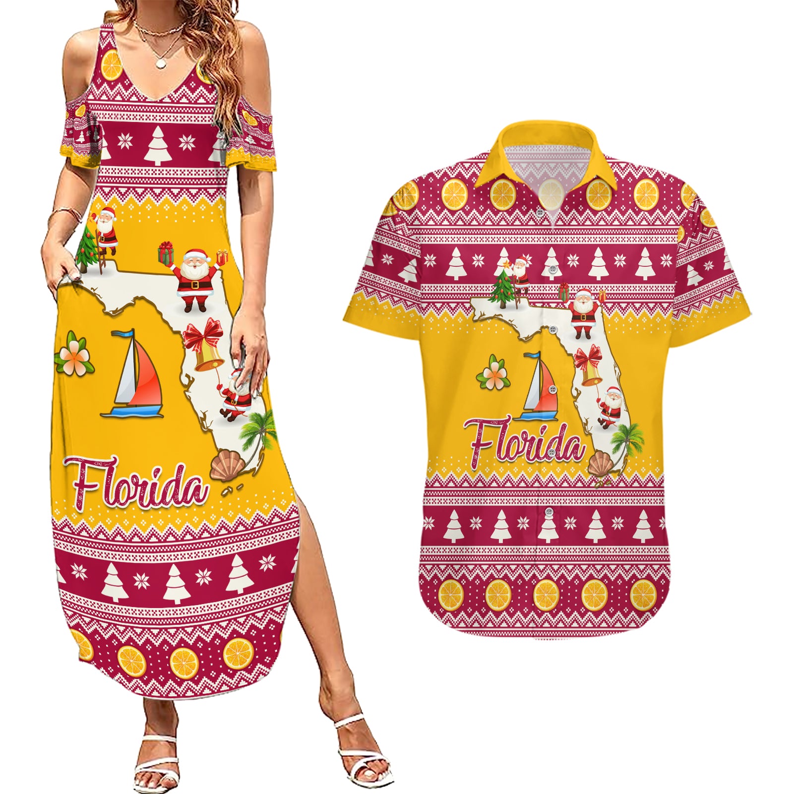 Florida Christmas Couples Matching Summer Maxi Dress and Hawaiian Shirt Santa Claus Florida Map With Orange - Wonder Print Shop