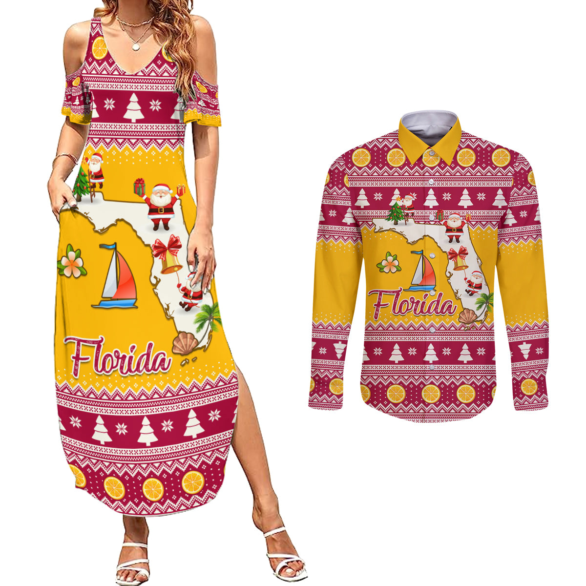 Florida Christmas Couples Matching Summer Maxi Dress and Long Sleeve Button Shirt Santa Claus Florida Map With Orange - Wonder Print Shop
