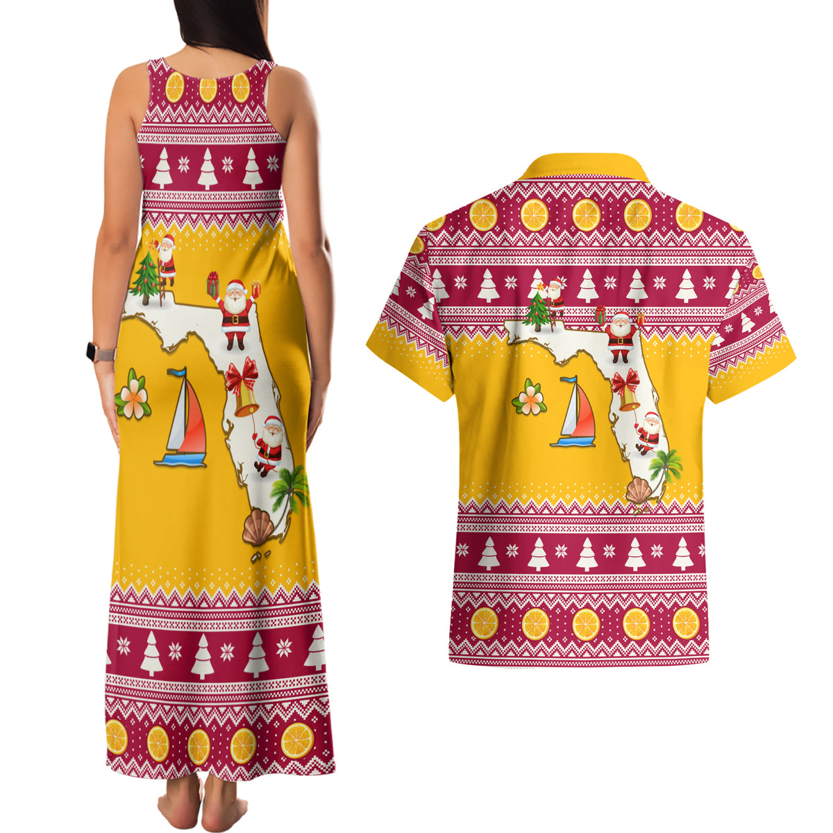 Florida Christmas Couples Matching Tank Maxi Dress and Hawaiian Shirt Santa Claus Florida Map With Orange - Wonder Print Shop