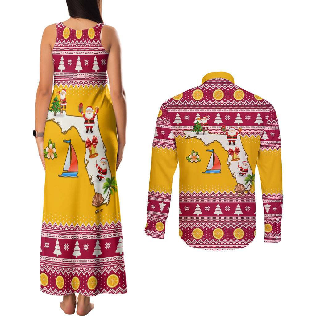 Florida Christmas Couples Matching Tank Maxi Dress and Long Sleeve Button Shirt Santa Claus Florida Map With Orange - Wonder Print Shop