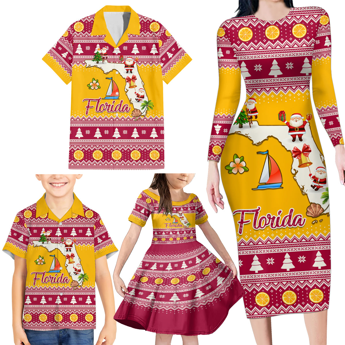Florida Christmas Family Matching Long Sleeve Bodycon Dress and Hawaiian Shirt Santa Claus Florida Map With Orange - Wonder Print Shop