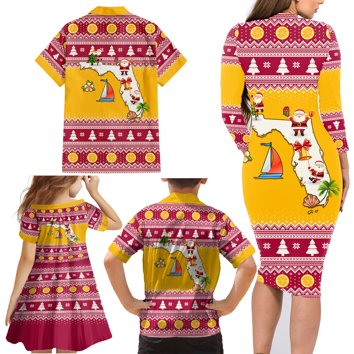 Florida Christmas Family Matching Long Sleeve Bodycon Dress and Hawaiian Shirt Santa Claus Florida Map With Orange - Wonder Print Shop