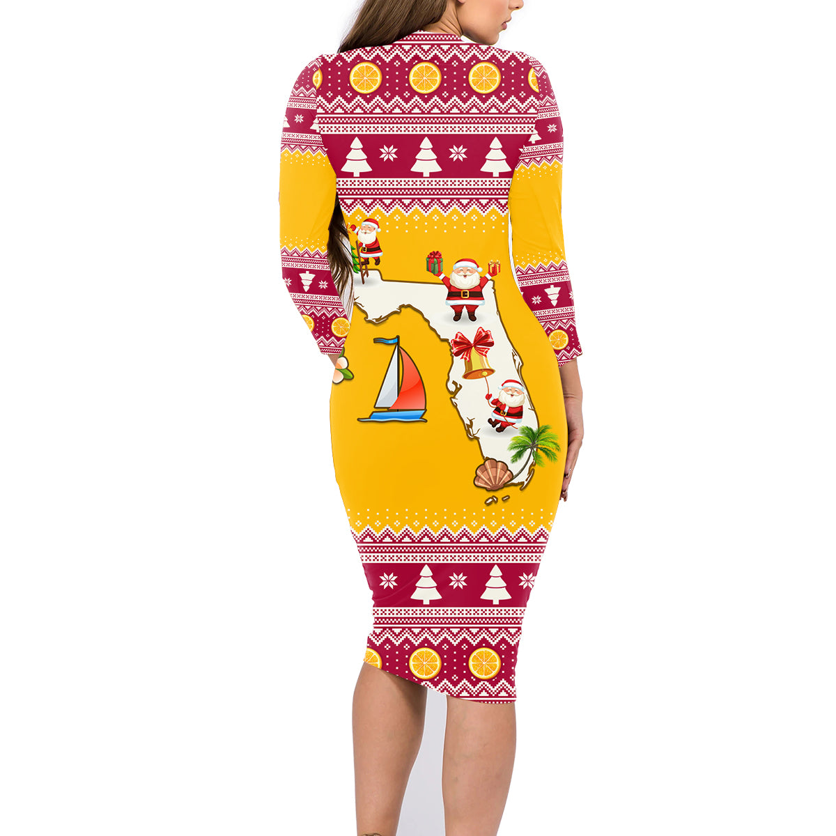 Florida Christmas Family Matching Long Sleeve Bodycon Dress and Hawaiian Shirt Santa Claus Florida Map With Orange - Wonder Print Shop