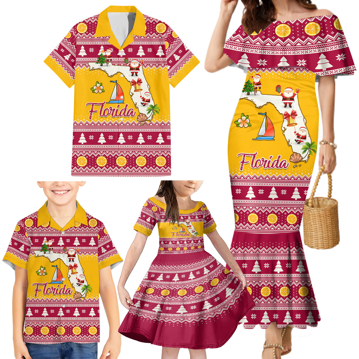 Florida Christmas Family Matching Mermaid Dress and Hawaiian Shirt Santa Claus Florida Map With Orange - Wonder Print Shop
