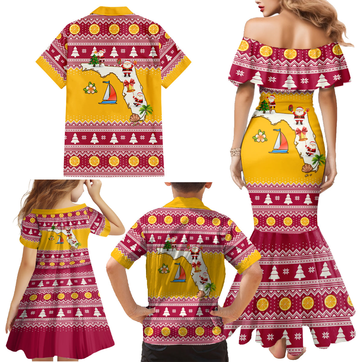 Florida Christmas Family Matching Mermaid Dress and Hawaiian Shirt Santa Claus Florida Map With Orange - Wonder Print Shop