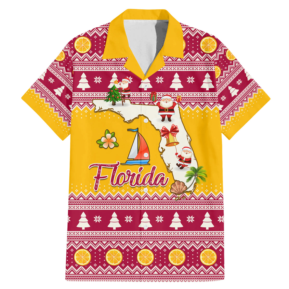 Florida Christmas Family Matching Mermaid Dress and Hawaiian Shirt Santa Claus Florida Map With Orange - Wonder Print Shop