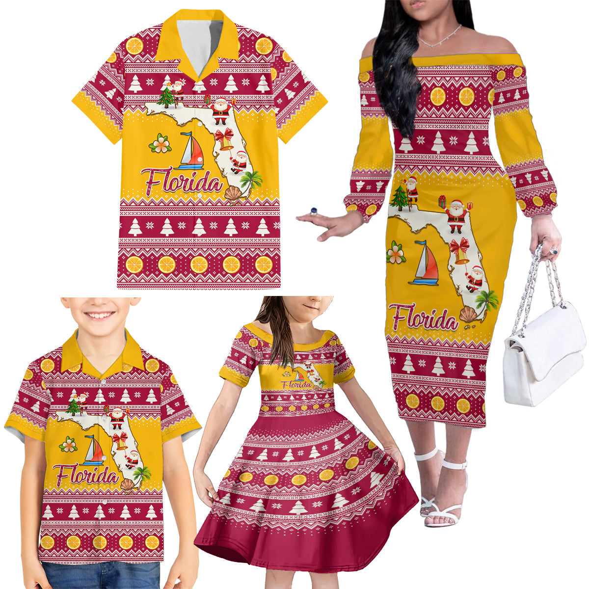 Florida Christmas Family Matching Off Shoulder Long Sleeve Dress and Hawaiian Shirt Santa Claus Florida Map With Orange - Wonder Print Shop