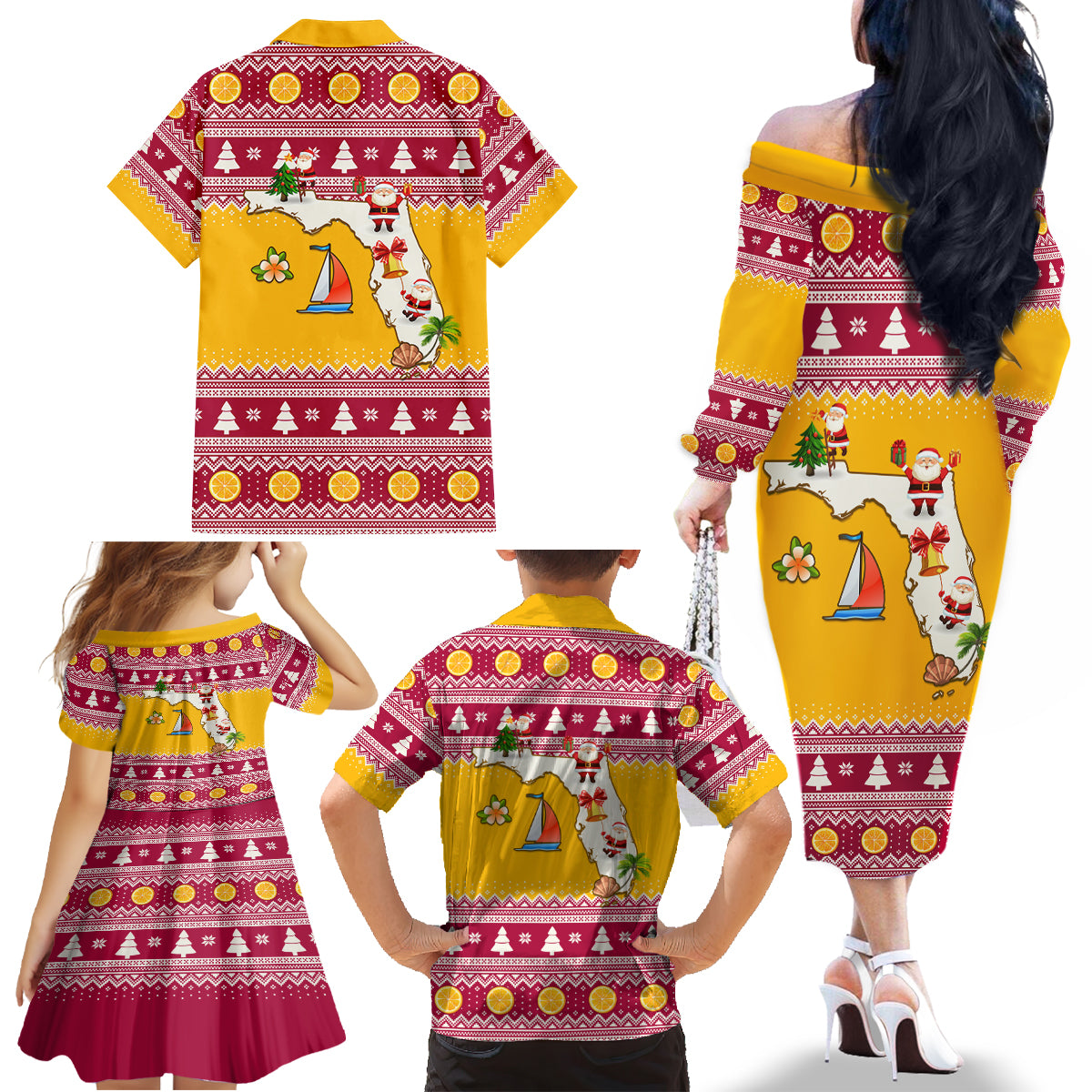 Florida Christmas Family Matching Off Shoulder Long Sleeve Dress and Hawaiian Shirt Santa Claus Florida Map With Orange - Wonder Print Shop