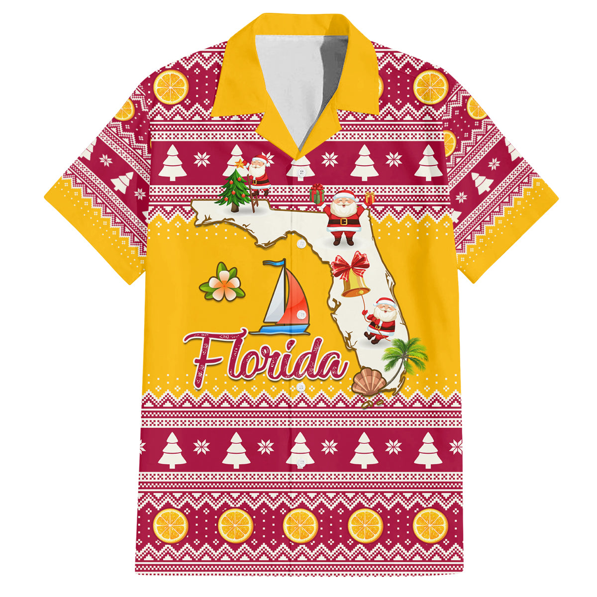 Florida Christmas Family Matching Off Shoulder Long Sleeve Dress and Hawaiian Shirt Santa Claus Florida Map With Orange - Wonder Print Shop