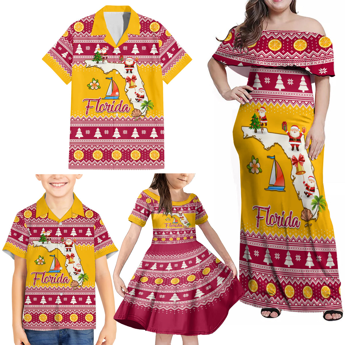 Florida Christmas Family Matching Off Shoulder Maxi Dress and Hawaiian Shirt Santa Claus Florida Map With Orange - Wonder Print Shop