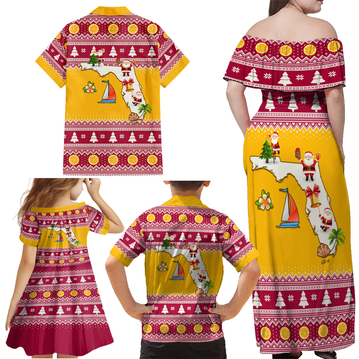 Florida Christmas Family Matching Off Shoulder Maxi Dress and Hawaiian Shirt Santa Claus Florida Map With Orange - Wonder Print Shop