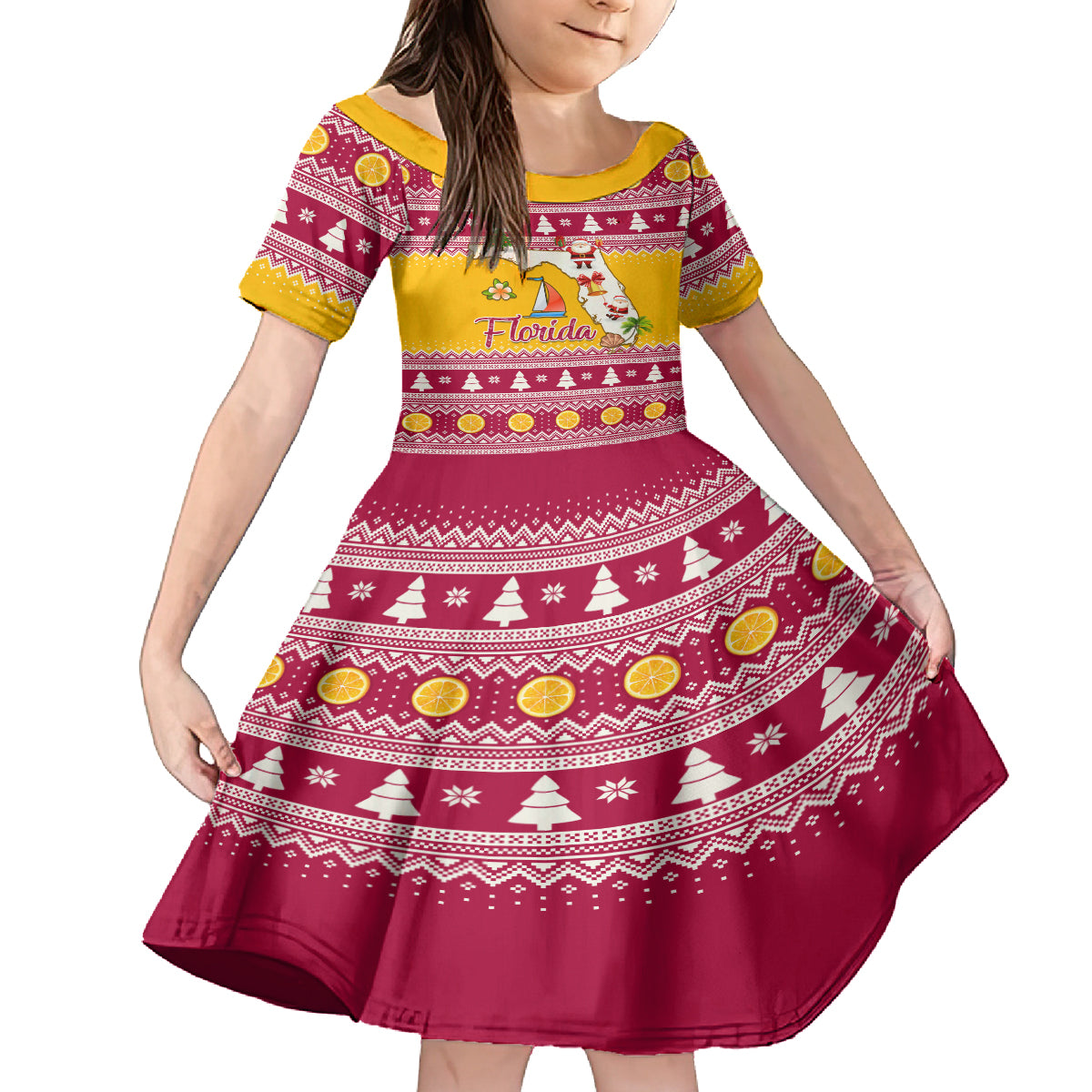 Florida Christmas Family Matching Off Shoulder Short Dress and Hawaiian Shirt Santa Claus Florida Map With Orange - Wonder Print Shop