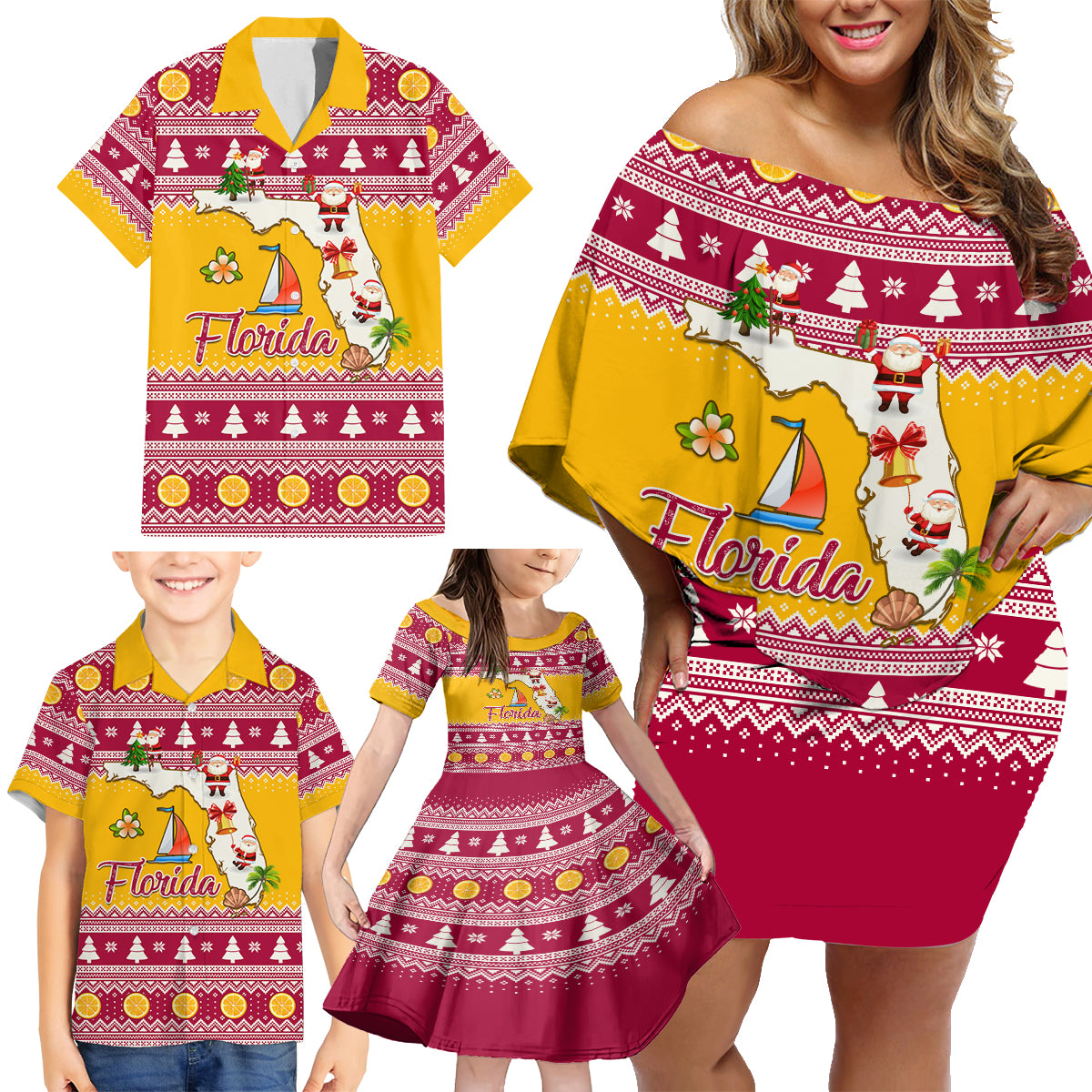 Florida Christmas Family Matching Off Shoulder Short Dress and Hawaiian Shirt Santa Claus Florida Map With Orange - Wonder Print Shop