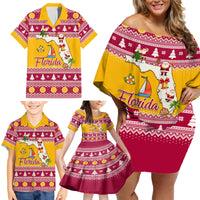 Florida Christmas Family Matching Off Shoulder Short Dress and Hawaiian Shirt Santa Claus Florida Map With Orange - Wonder Print Shop