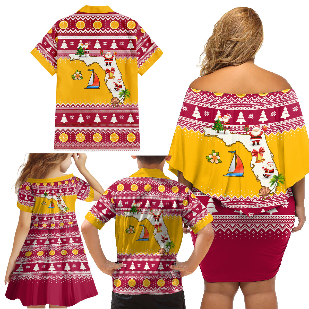 Florida Christmas Family Matching Off Shoulder Short Dress and Hawaiian Shirt Santa Claus Florida Map With Orange - Wonder Print Shop