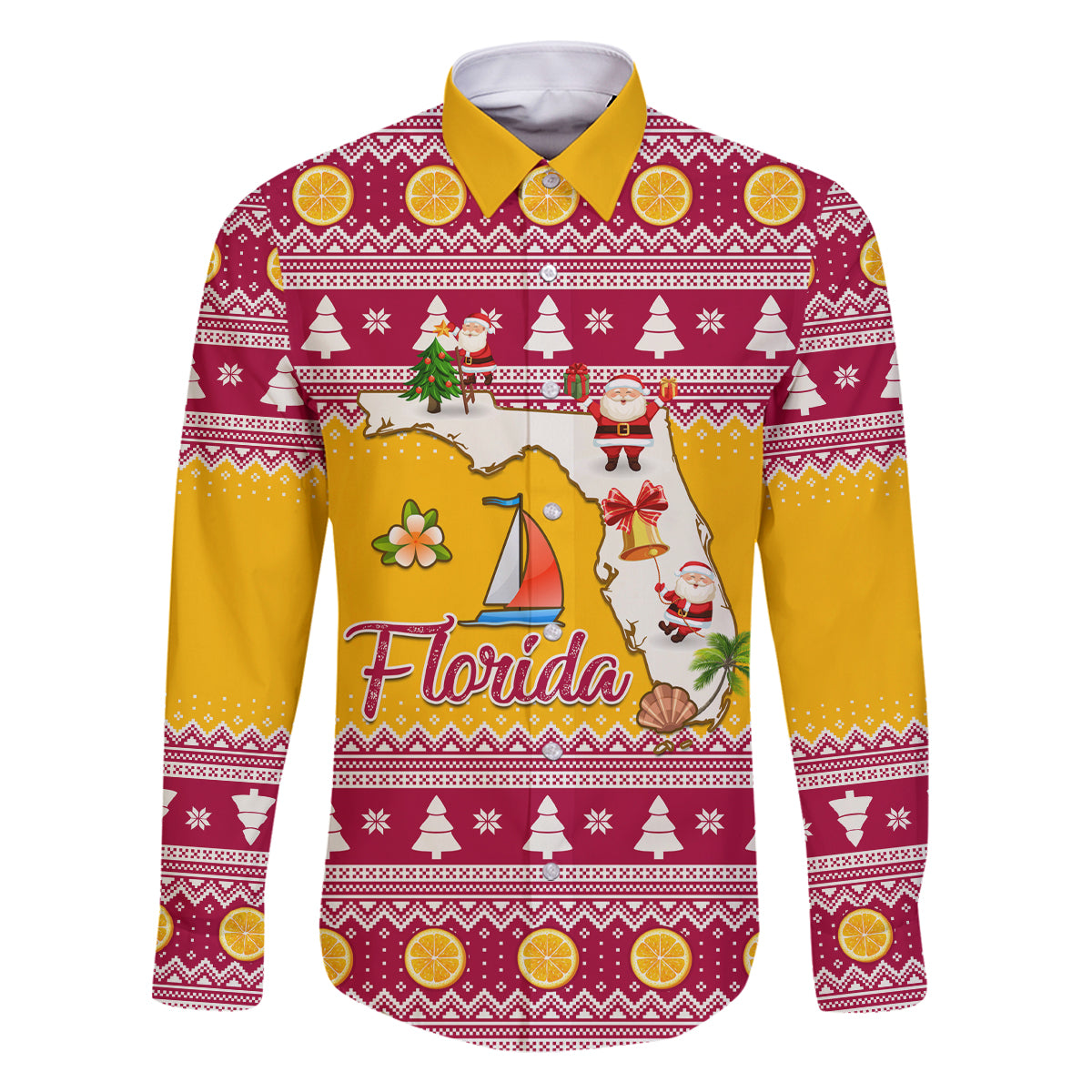 Florida Christmas Family Matching Off Shoulder Short Dress and Hawaiian Shirt Santa Claus Florida Map With Orange - Wonder Print Shop