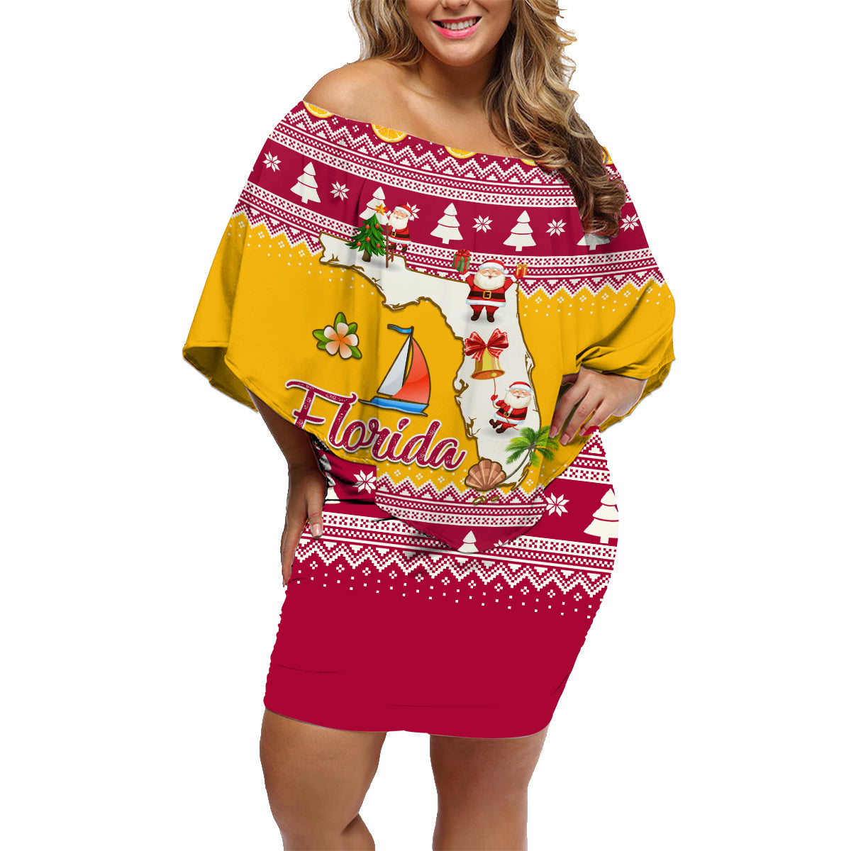 Florida Christmas Family Matching Off Shoulder Short Dress and Hawaiian Shirt Santa Claus Florida Map With Orange - Wonder Print Shop